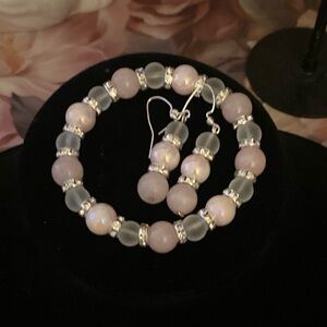 Silver and Pink Beaded Earrings and Bracelet Jewelry Set